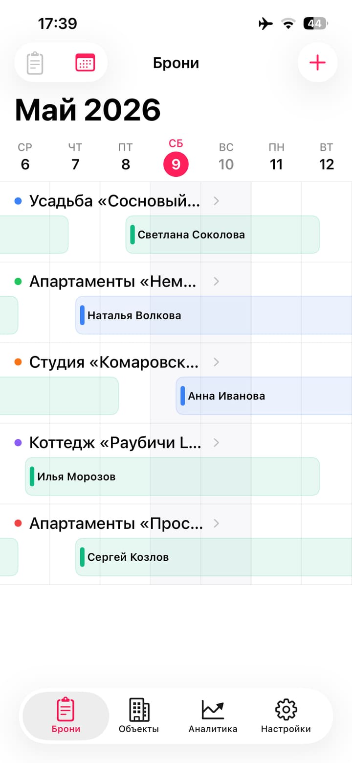 Главный экран Rentical с шахматкой бронирований